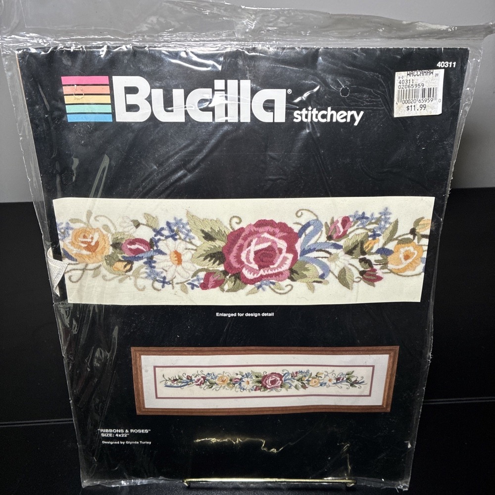 Vintage Ribbons Roses Flowers Crewel Embroidery Kit SEALED Floral Long 4x22 Inch - Picture 1 of 6